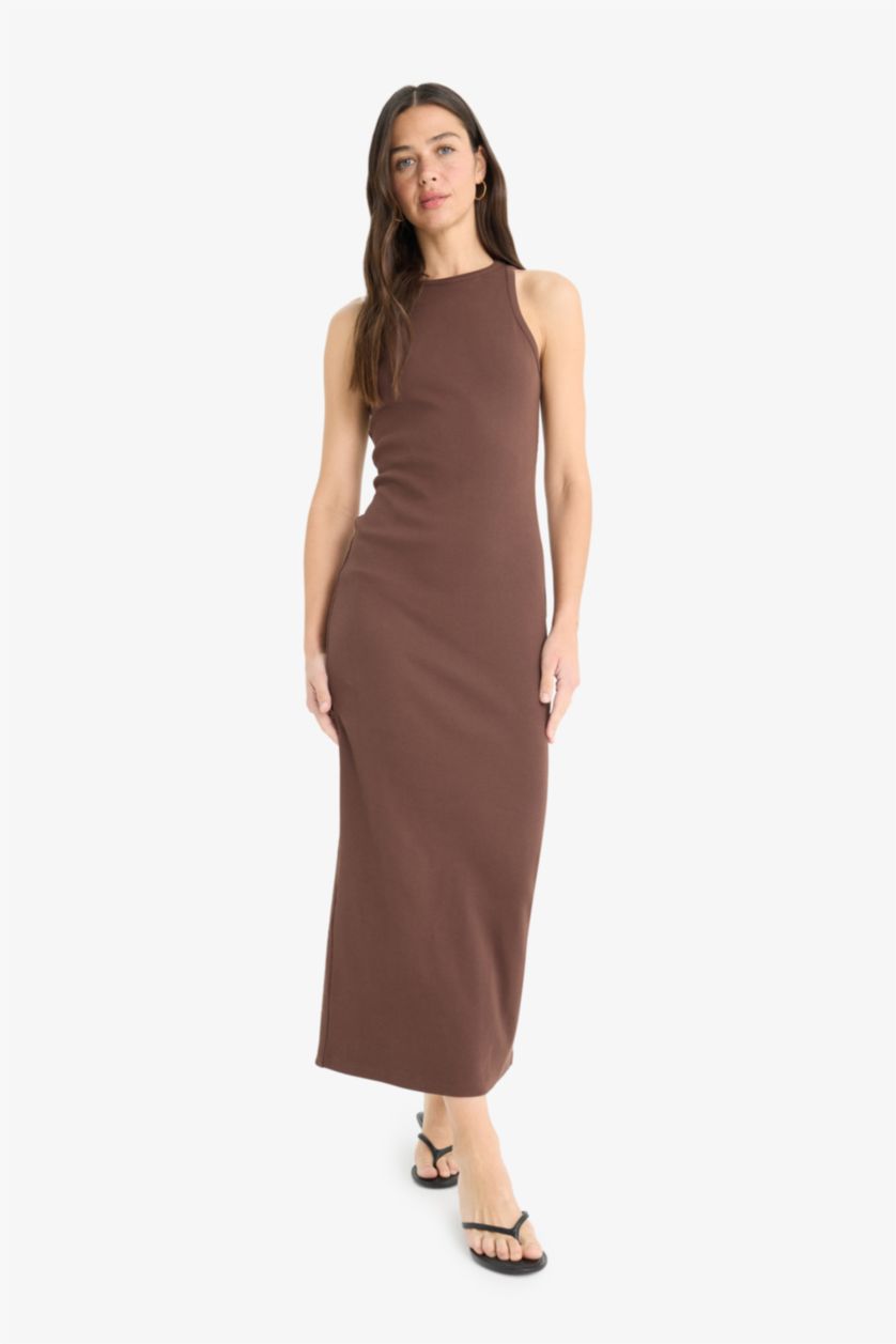 Woman Brown Bodycon Halter Collar Camisole Maxi Dress