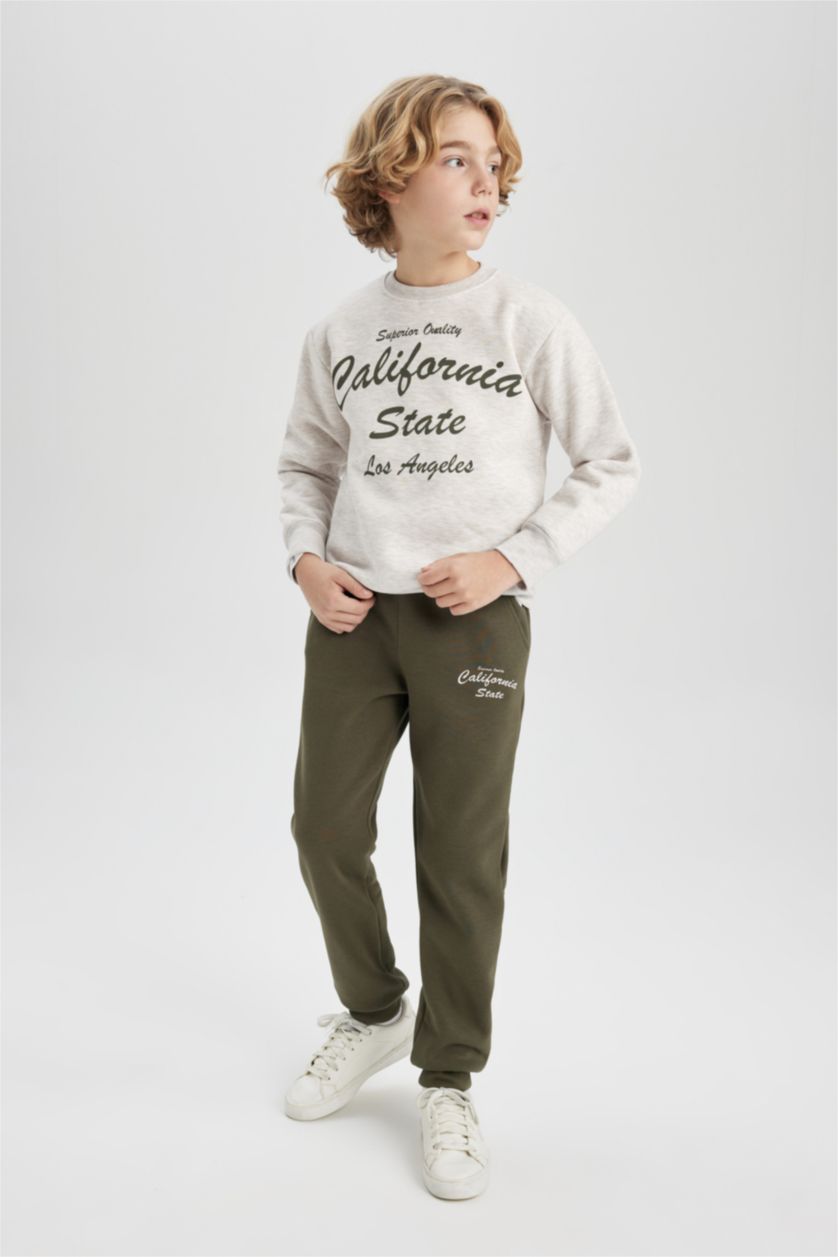 BOYS & TEENS Light Beige Melange Boy Printed Sweatshirt and Sweatpants 2 Piece Set