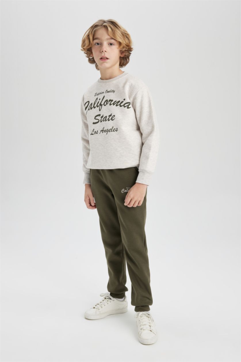 BOYS & TEENS Light Beige Melange Boy Printed Sweatshirt and Sweatpants 2 Piece Set