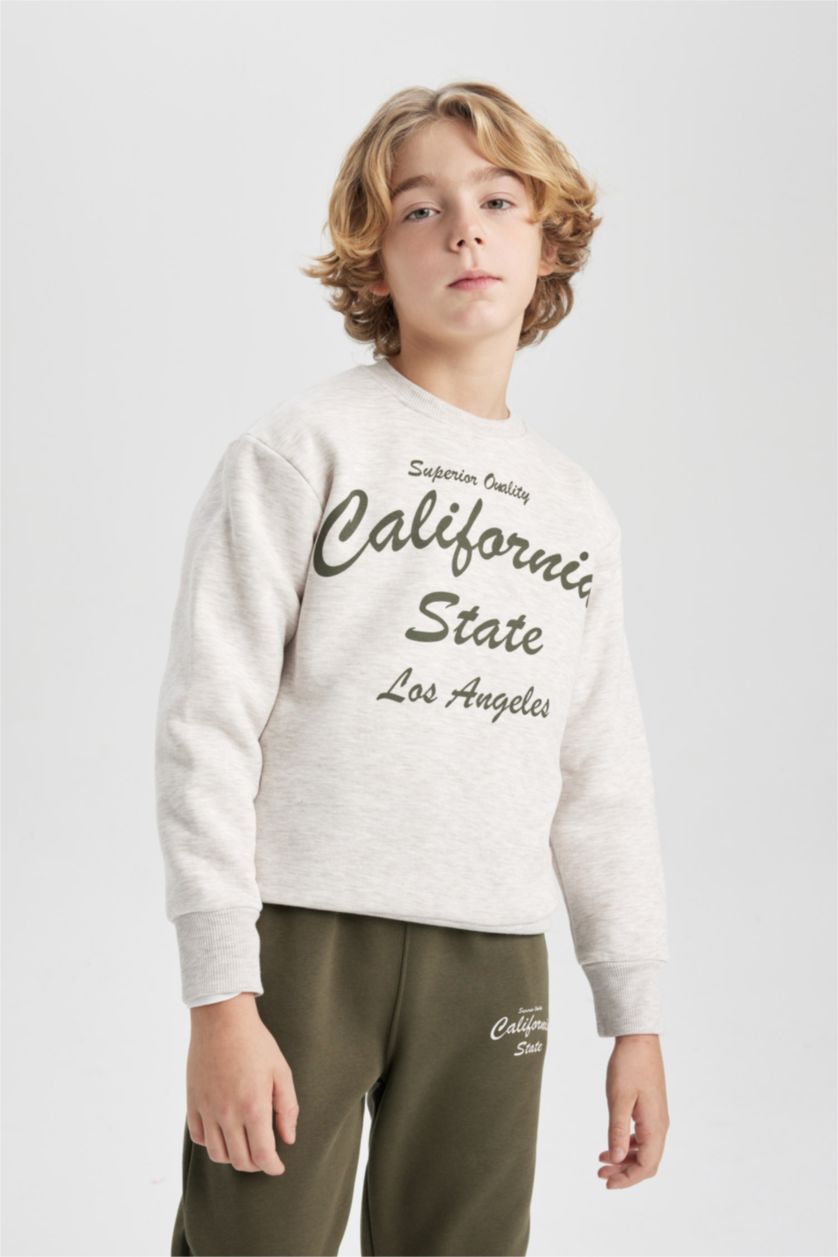 BOYS & TEENS Light Beige Melange Boy Printed Sweatshirt and Sweatpants 2 Piece Set