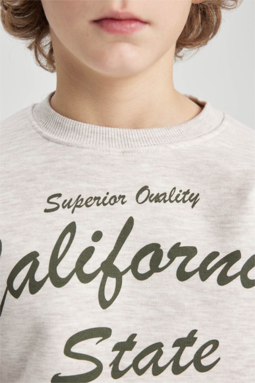 BOYS & TEENS Light Beige Melange Boy Printed Sweatshirt and Sweatpants 2 Piece Set