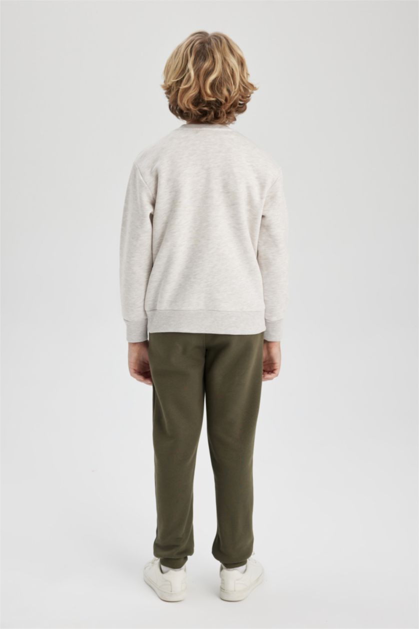 BOYS & TEENS Light Beige Melange Boy Printed Sweatshirt and Sweatpants 2 Piece Set