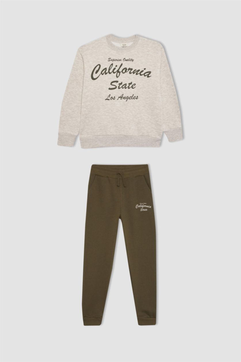 BOYS & TEENS Light Beige Melange Boy Printed Sweatshirt and Sweatpants 2 Piece Set