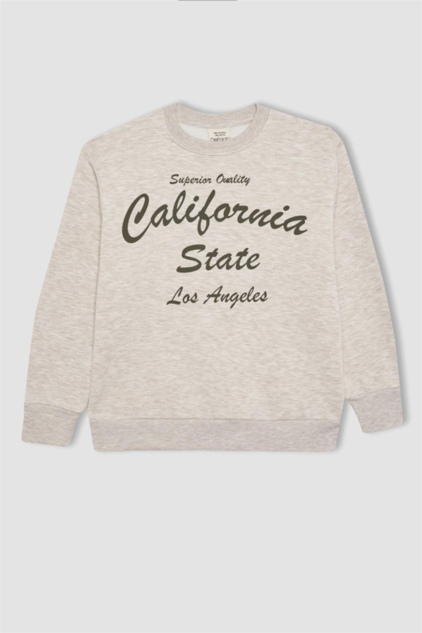 BOYS & TEENS Light Beige Melange Boy Printed Sweatshirt and Sweatpants 2 Piece Set