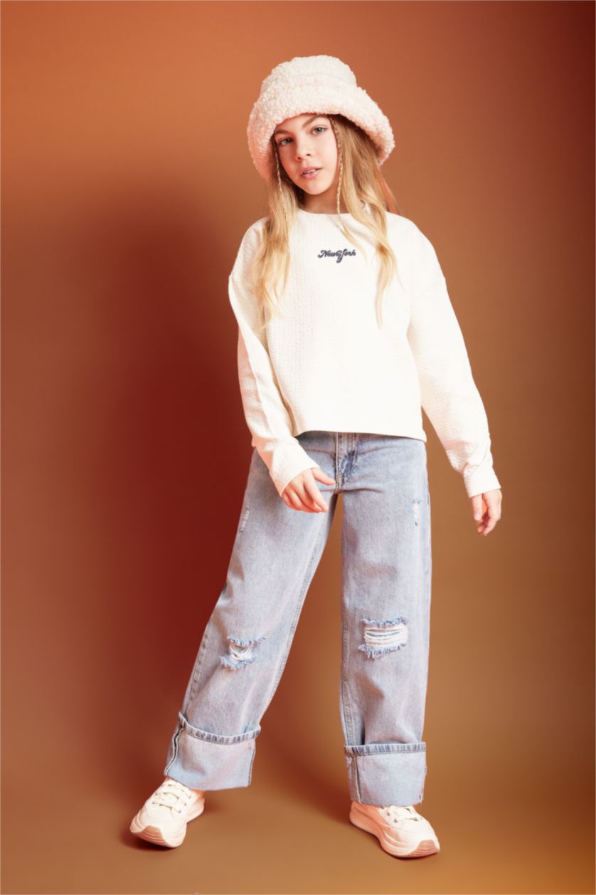 GIRLS & TEENS Blue Girl Wide Leg Ripped Detailed Jeans