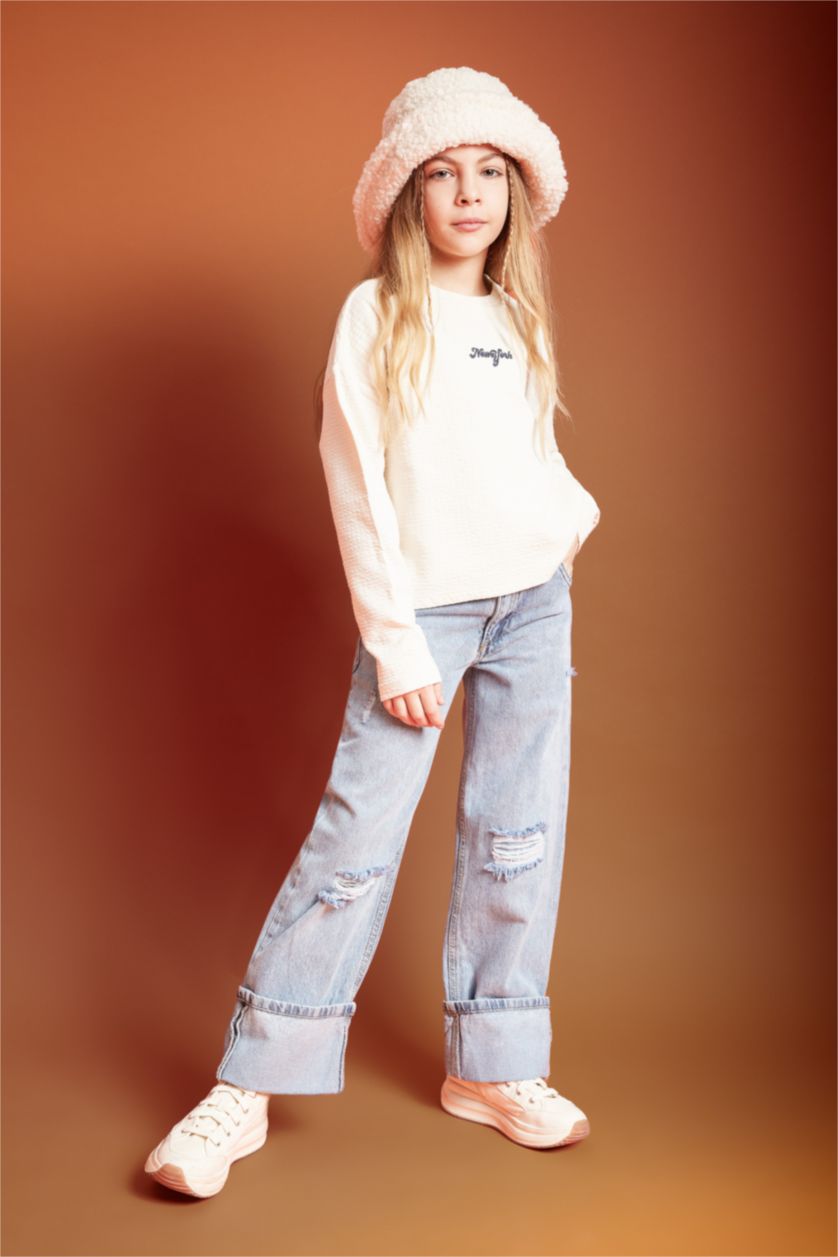 GIRLS & TEENS Blue Girl Wide Leg Ripped Detailed Jeans