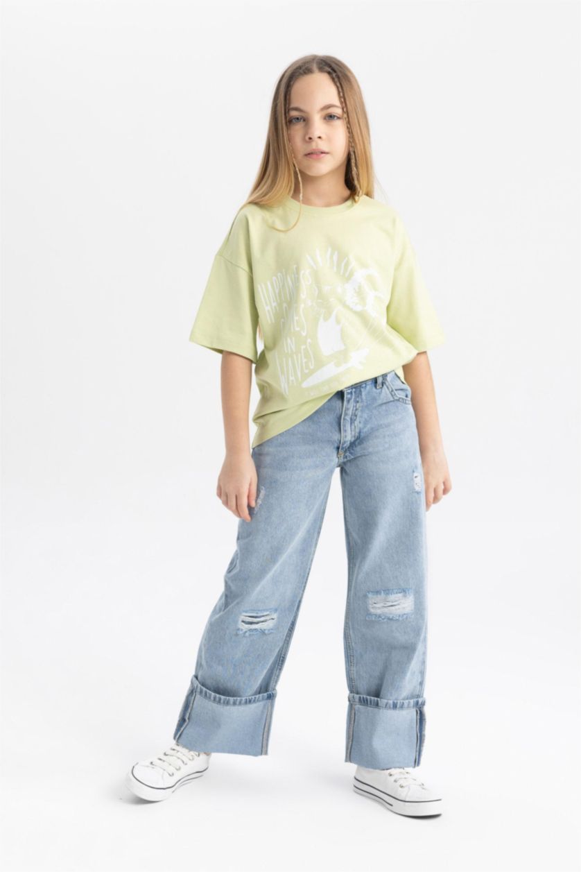 GIRLS & TEENS Blue Girl Wide Leg Ripped Detailed Jeans