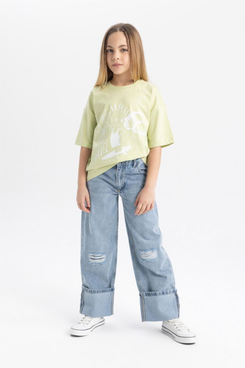GIRLS & TEENS Blue Girl Wide Leg Ripped Detailed Jeans