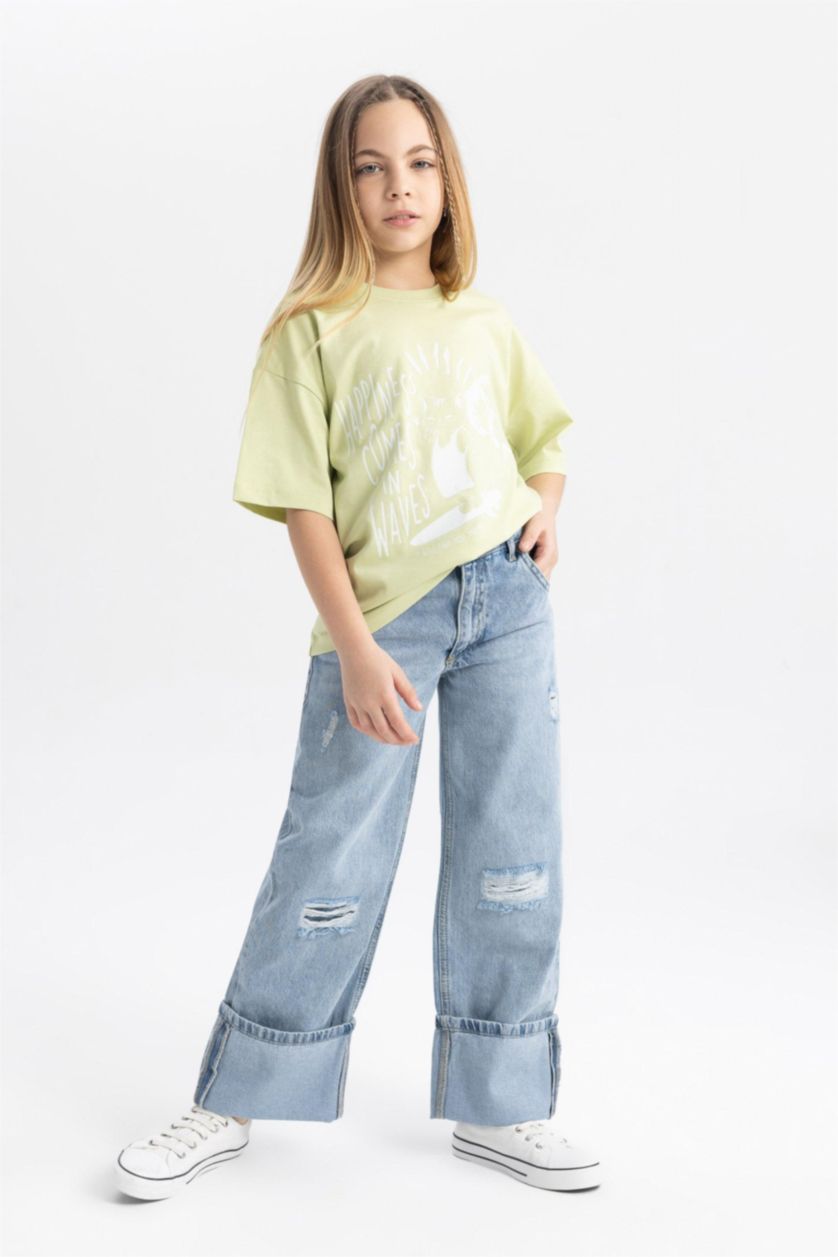 GIRLS & TEENS Blue Girl Wide Leg Ripped Detailed Jeans