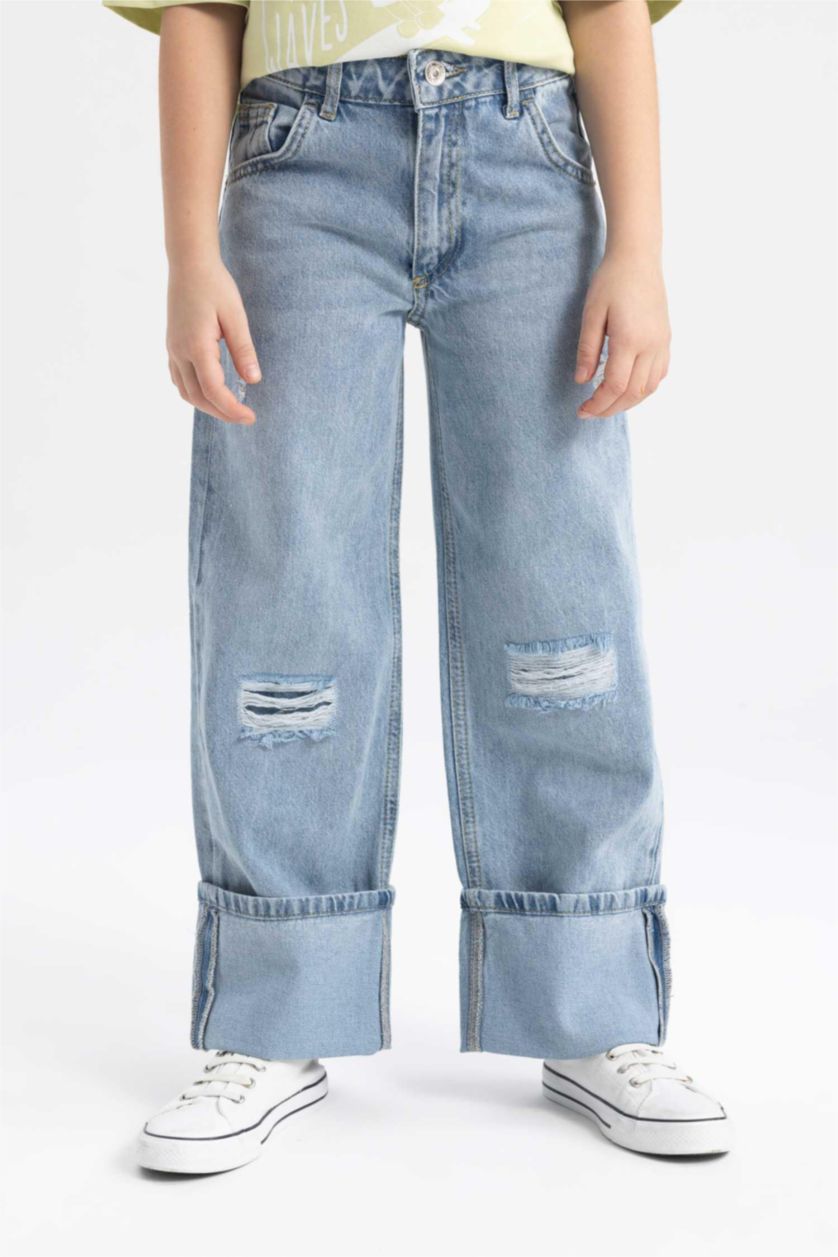 GIRLS & TEENS Blue Girl Wide Leg Ripped Detailed Jeans