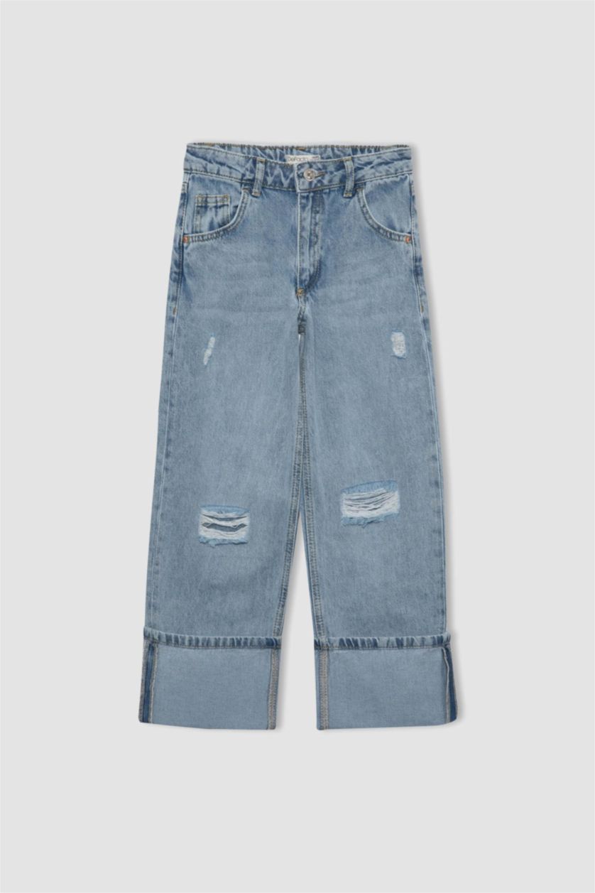 GIRLS & TEENS Blue Girl Wide Leg Ripped Detailed Jeans