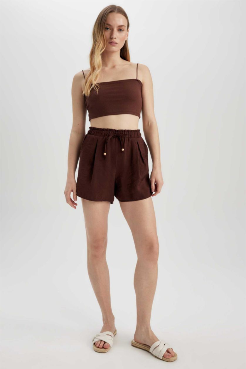Kadın Kahve Yüksek Bel Geniş Paça Modal Şort