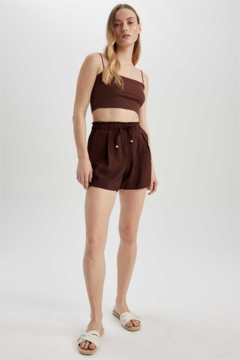Kadın Kahve Yüksek Bel Geniş Paça Modal Şort