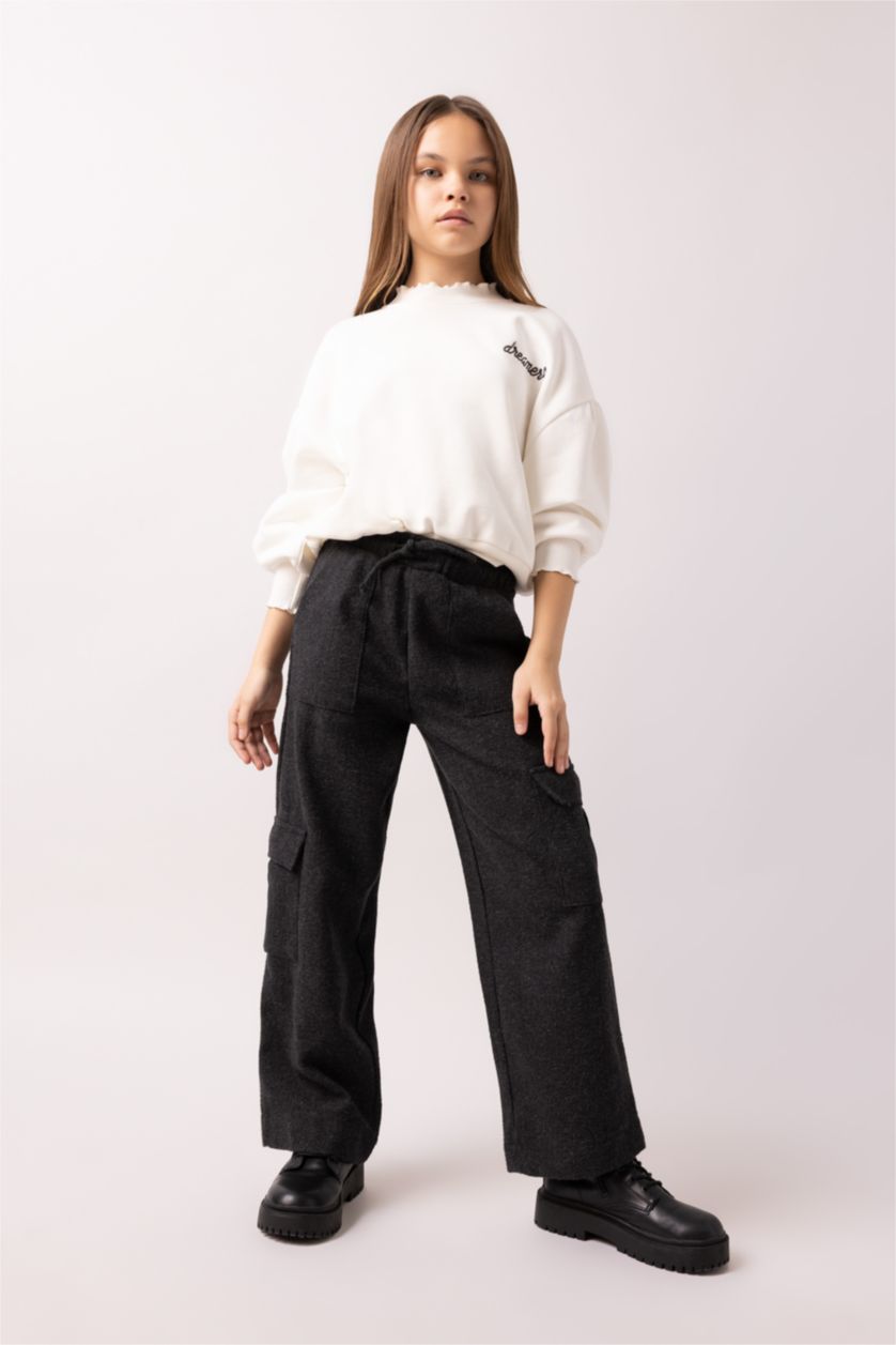 GIRLS & TEENS Anthracite Melange Girl Wide Leg Cargo Wide Leg Cotton Trousers