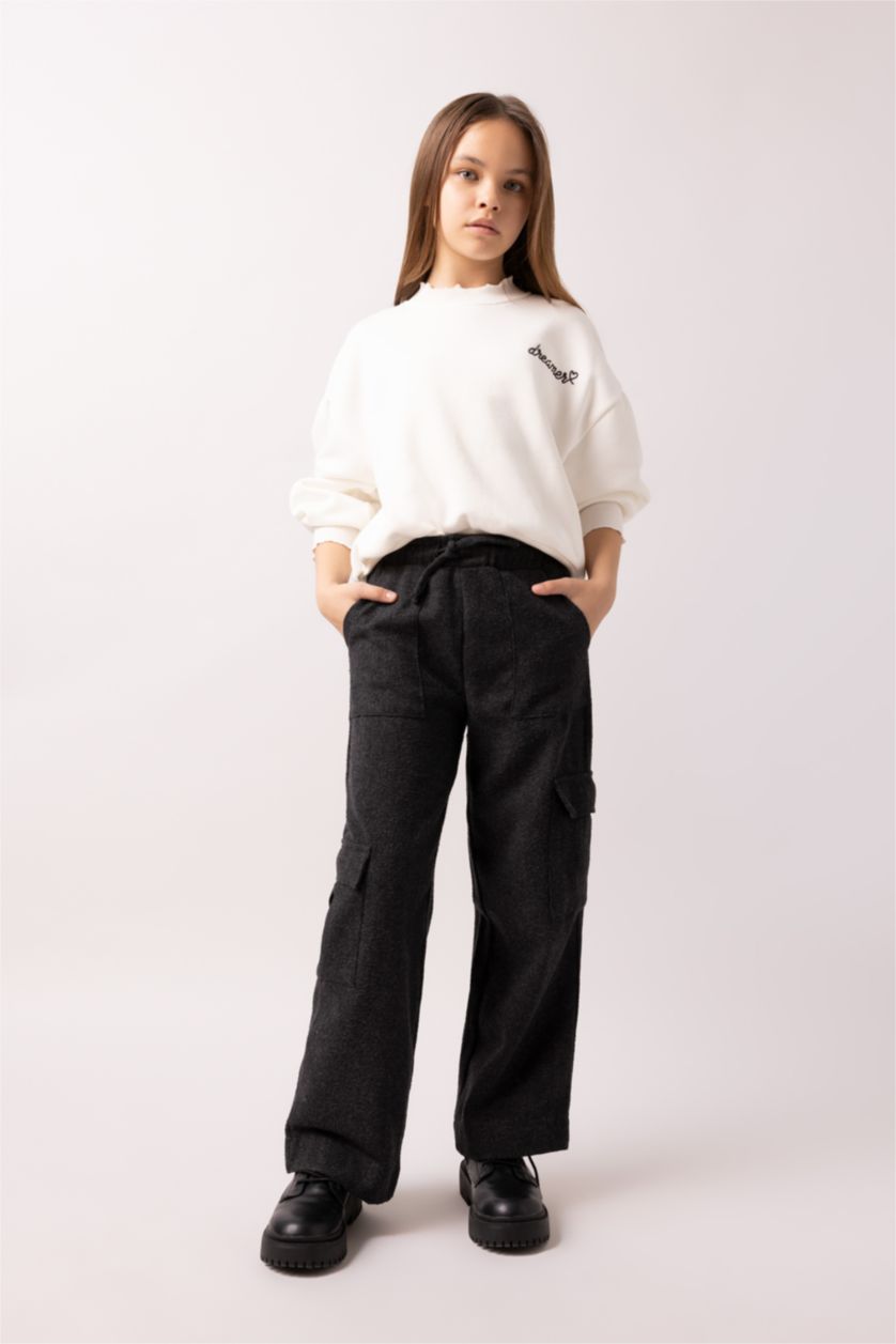 GIRLS & TEENS Anthracite Melange Girl Wide Leg Cargo Wide Leg Cotton Trousers