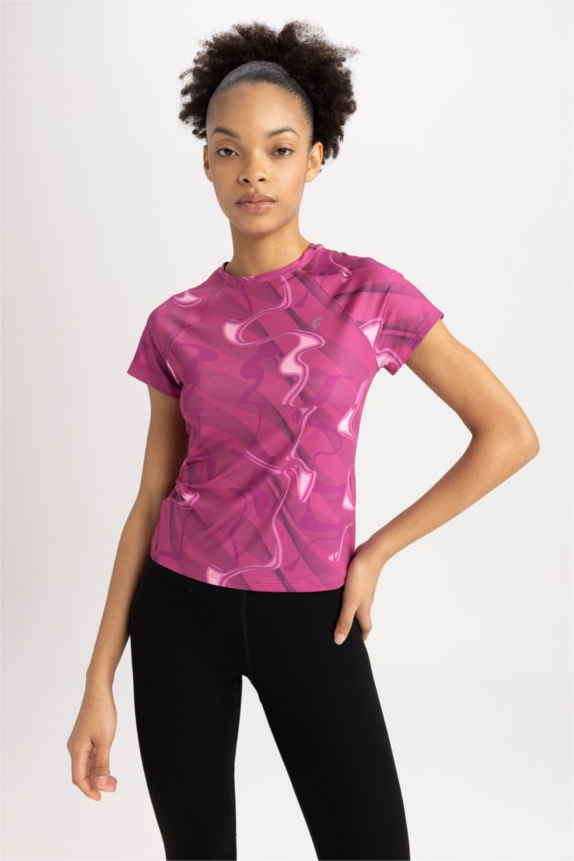 WOMAN Fushsia DeFactoFit Slim Fit Crew Neck Printed Sports T-Shirt