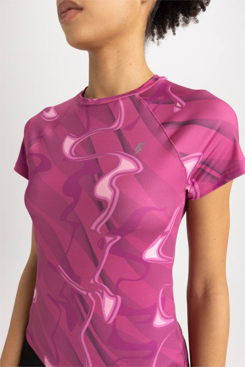 WOMAN Fushsia DeFactoFit Slim Fit Crew Neck Printed Sports T-Shirt