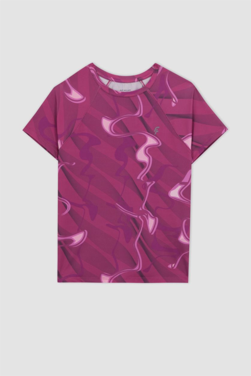 WOMAN Fushsia DeFactoFit Slim Fit Crew Neck Printed Sports T-Shirt