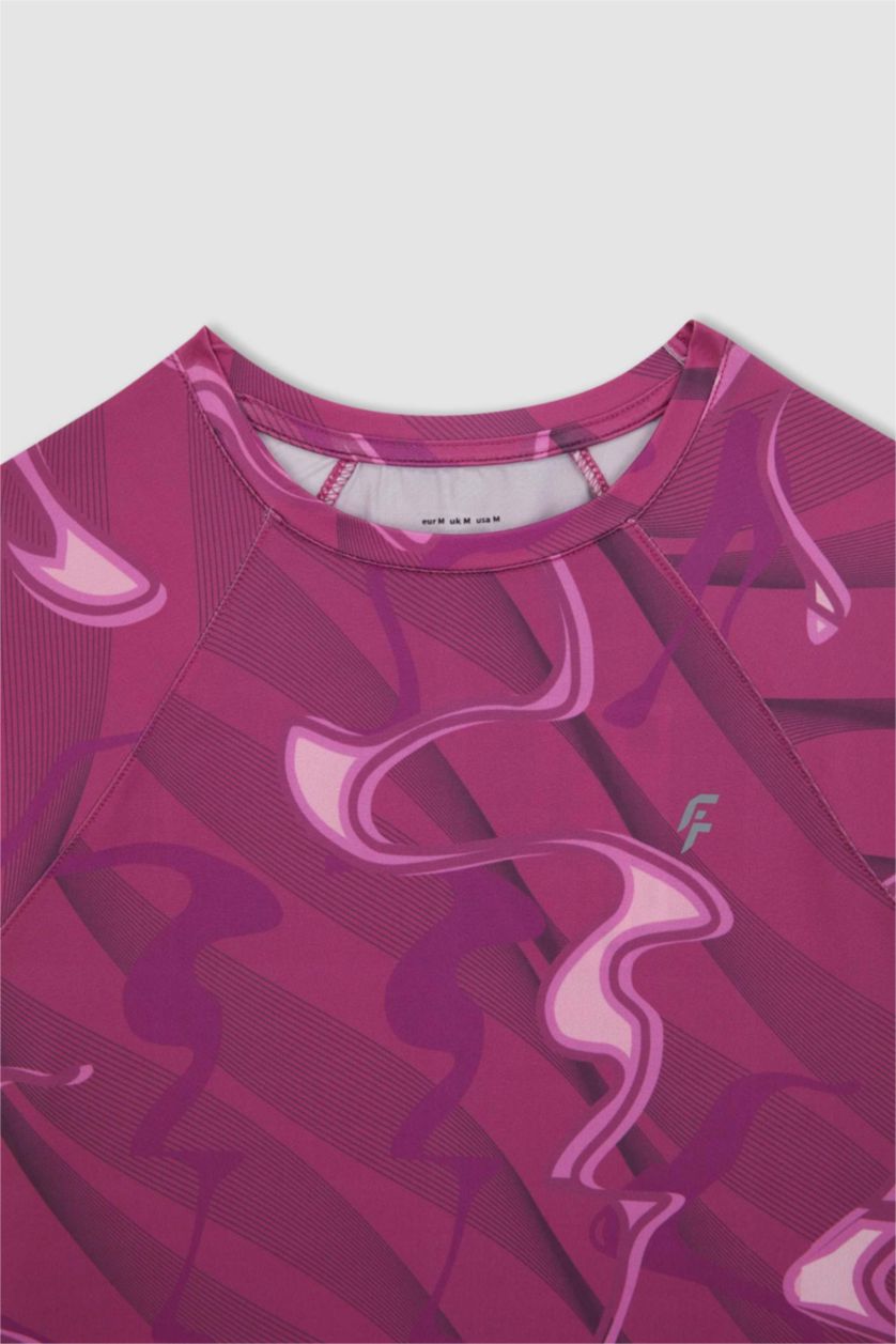 WOMAN Fushsia DeFactoFit Slim Fit Crew Neck Printed Sports T-Shirt