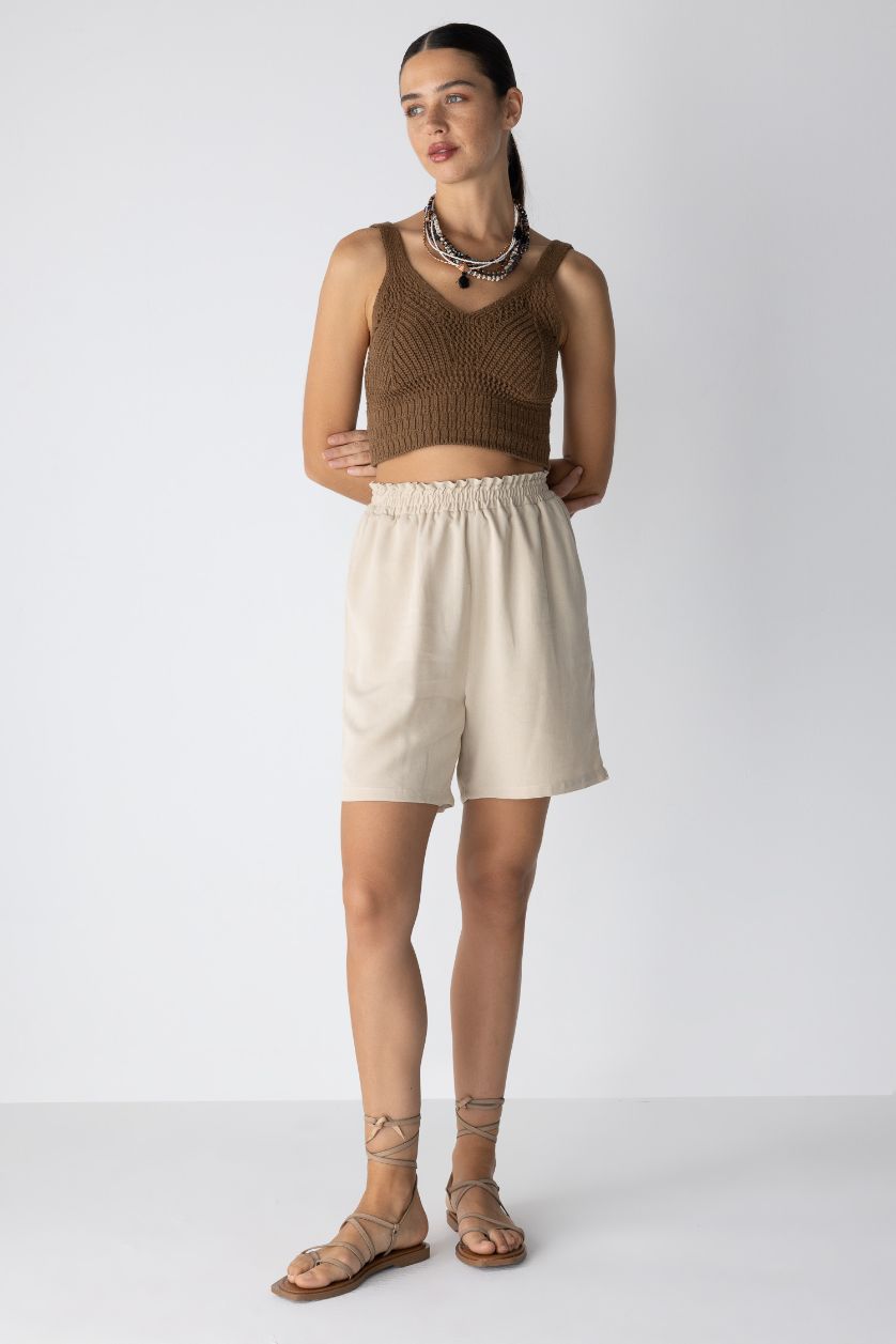 WOMAN Beige Paperbag Waist Wide Leg Linen Blended Shorts
