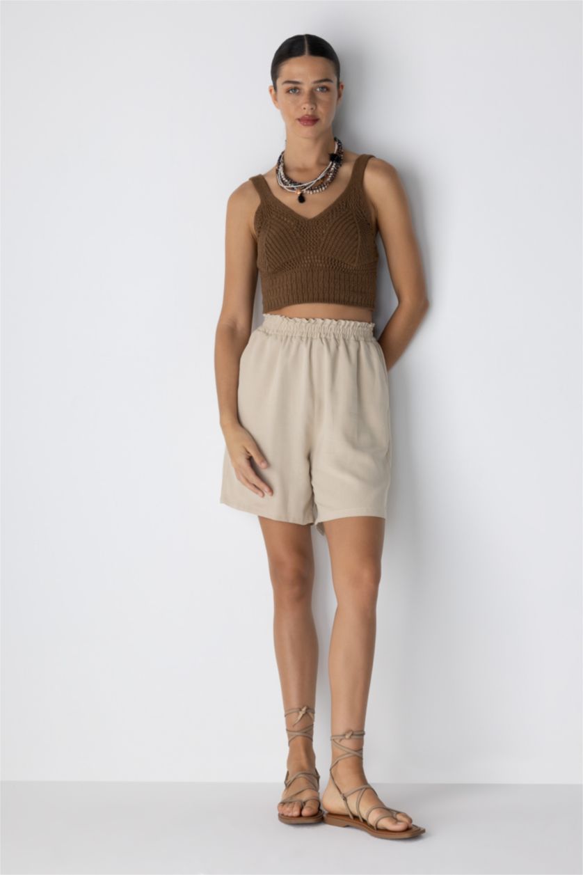 WOMAN Beige Paperbag Waist Wide Leg Linen Blended Shorts