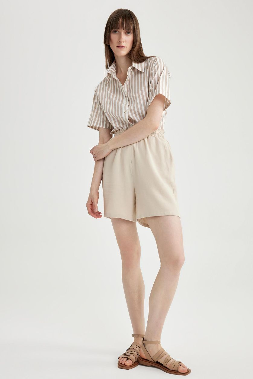 WOMAN Beige Paperbag Waist Wide Leg Linen Blended Shorts