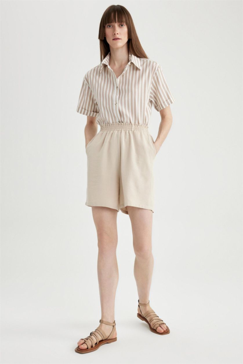 WOMAN Beige Paperbag Waist Wide Leg Linen Blended Shorts