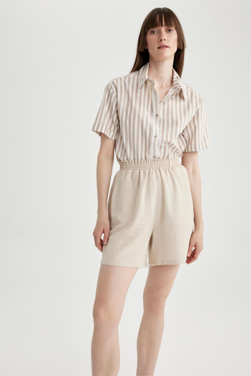 WOMAN Beige Paperbag Waist Wide Leg Linen Blended Shorts