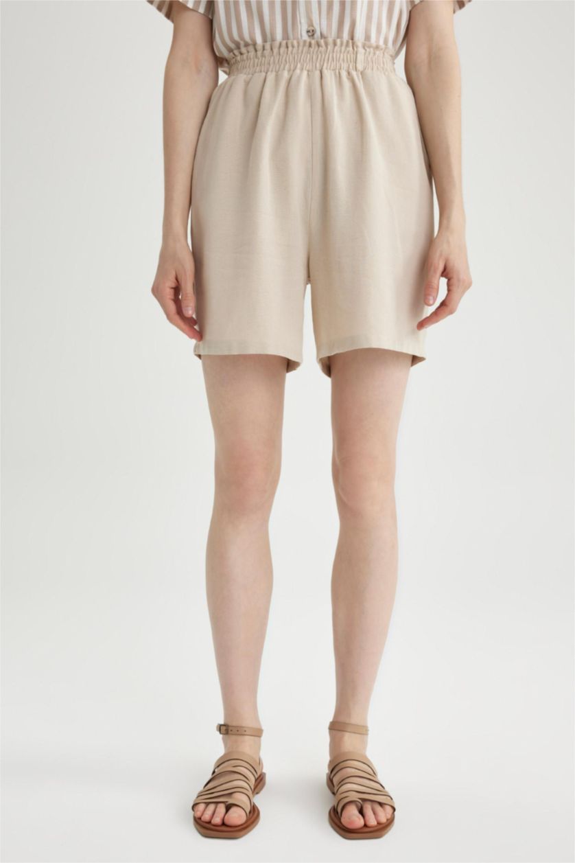 WOMAN Beige Paperbag Waist Wide Leg Linen Blended Shorts