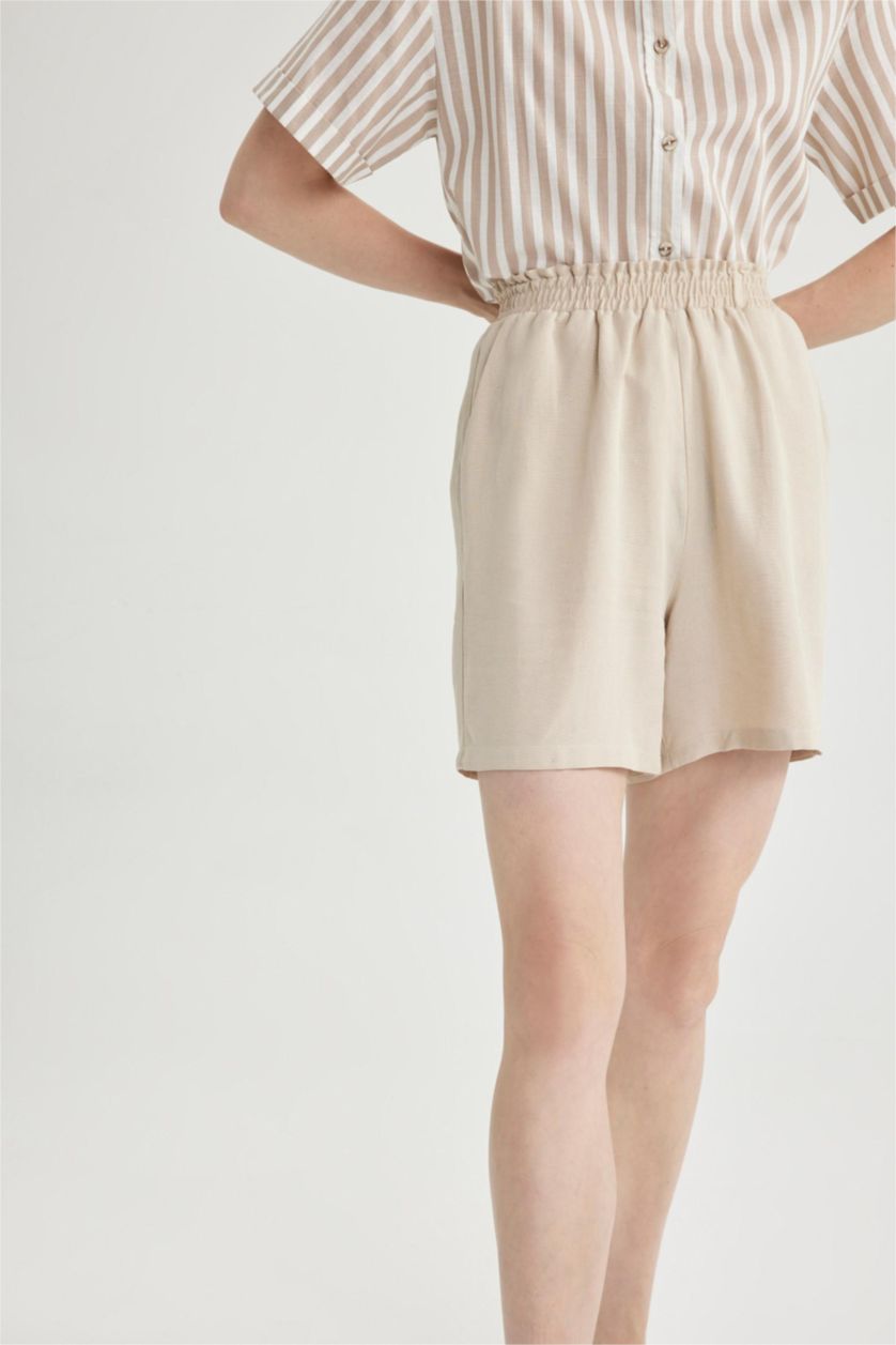 WOMAN Beige Paperbag Waist Wide Leg Linen Blended Shorts