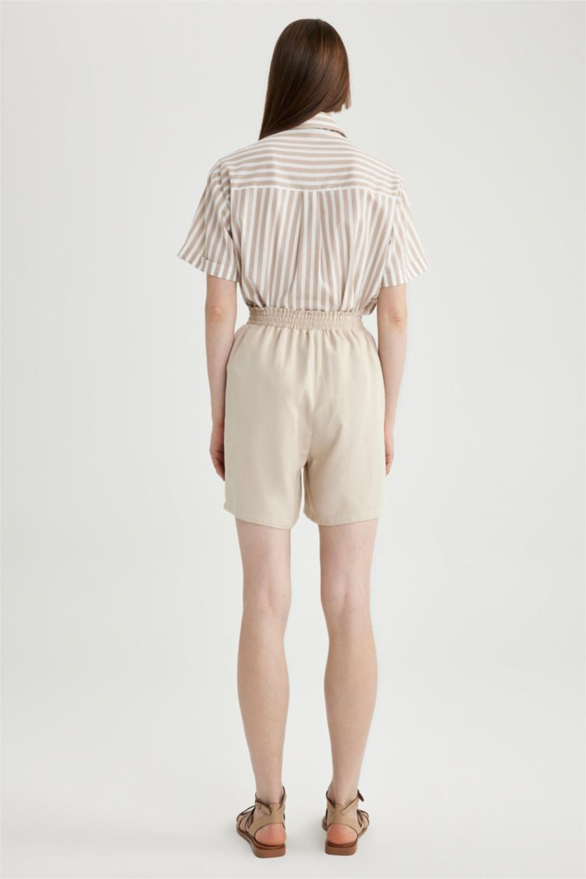 WOMAN Beige Paperbag Waist Wide Leg Linen Blended Shorts