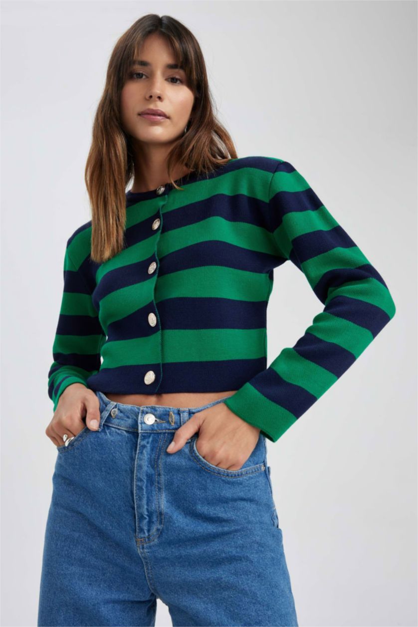 WOMAN Green Regular Fit Striped Cardigan