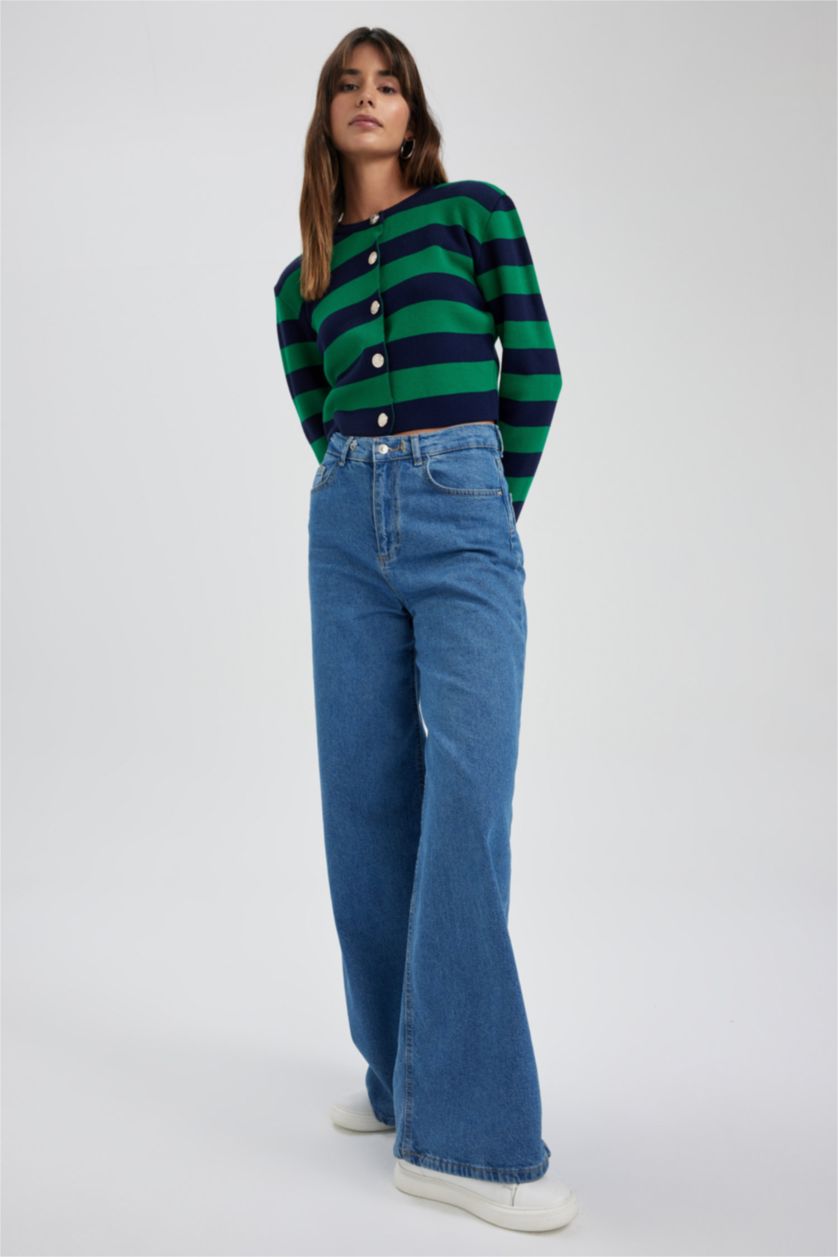 WOMAN Green Regular Fit Striped Cardigan