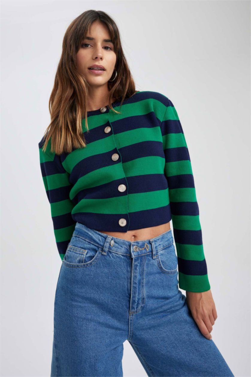 WOMAN Green Regular Fit Striped Cardigan