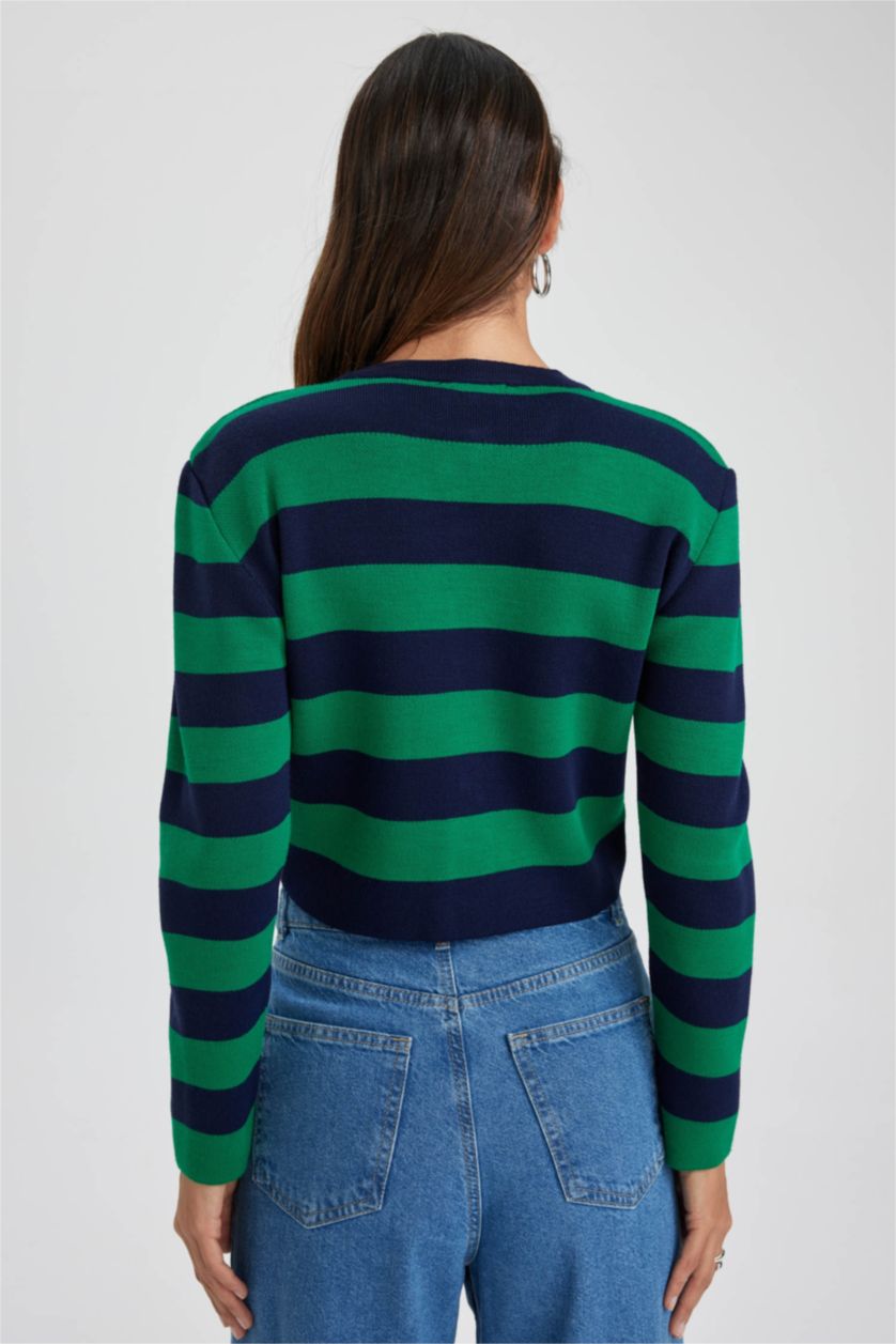 WOMAN Green Regular Fit Striped Cardigan