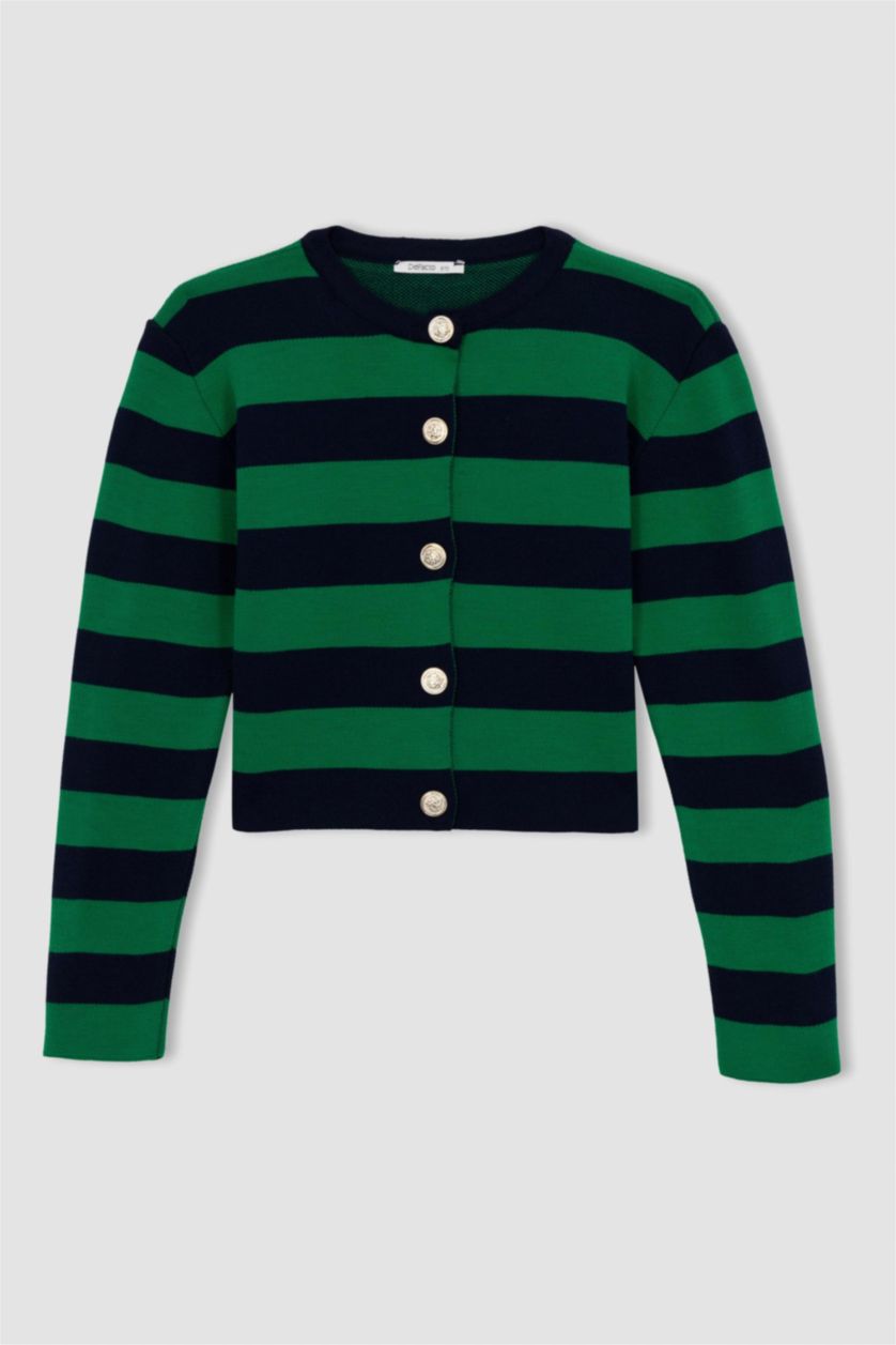 WOMAN Green Regular Fit Striped Cardigan