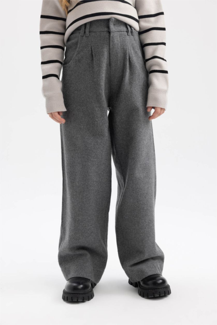 بناتي ميلانج رمادي بنطلون بناتي وايد ليج ميلانج رمادي