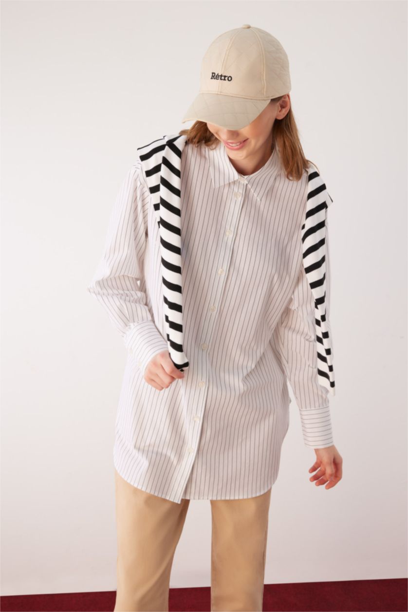 FEMME Blanc Tunique À Manches Longues Popeline Coupe décontractée Imprimé Col De Chemise