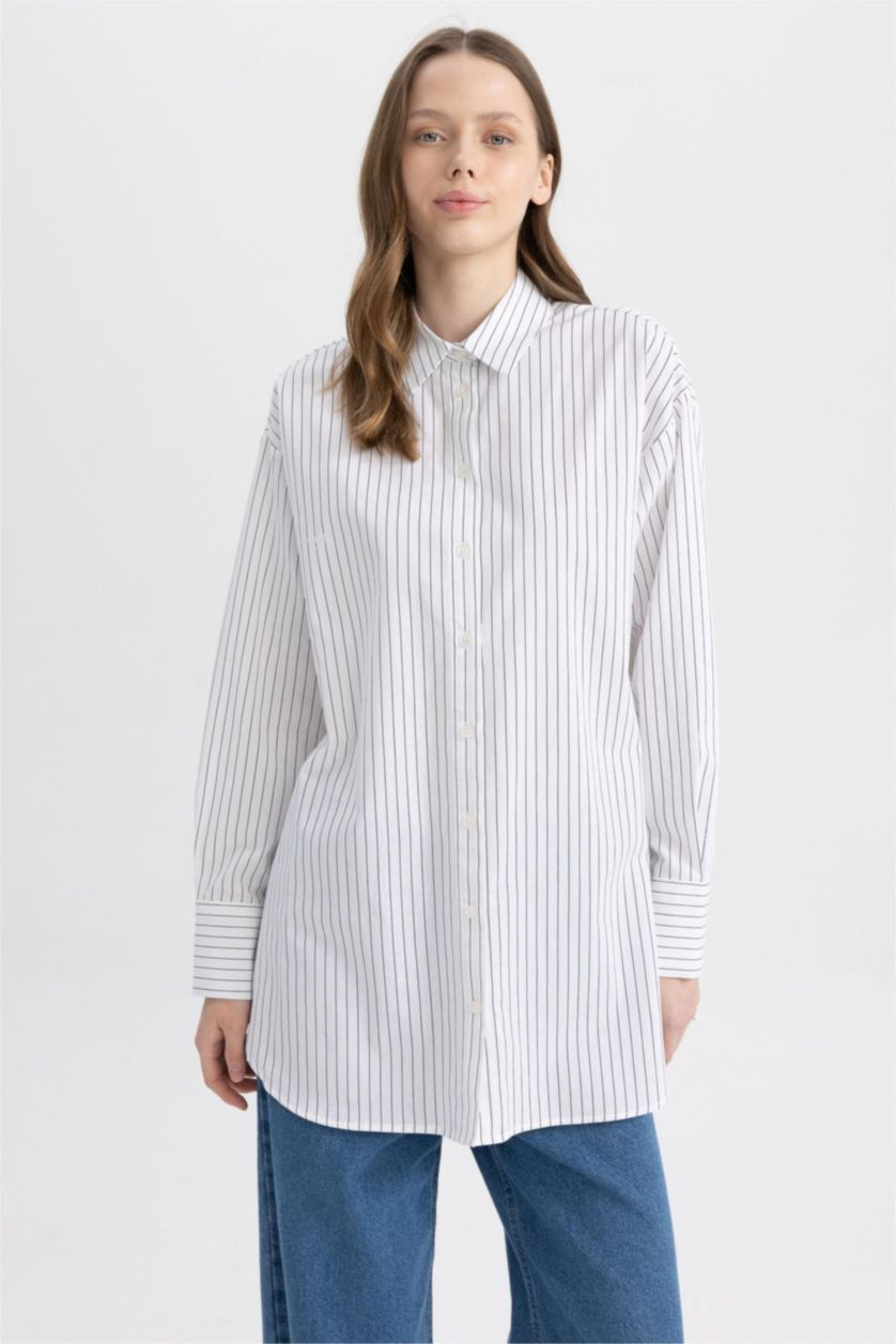 FEMME Blanc Tunique À Manches Longues Popeline Coupe décontractée Imprimé Col De Chemise