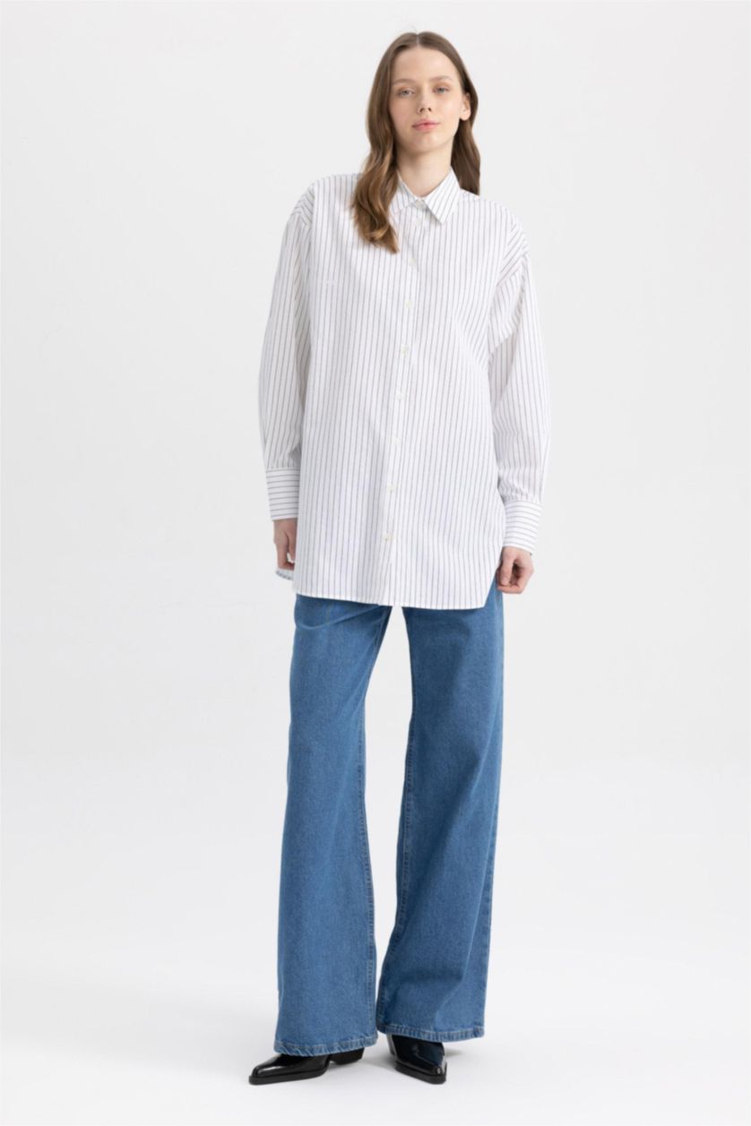 FEMME Blanc Tunique À Manches Longues Popeline Coupe décontractée Imprimé Col De Chemise