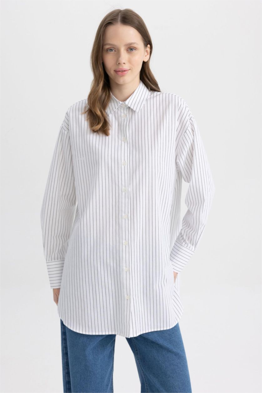 FEMME Blanc Tunique À Manches Longues Popeline Coupe décontractée Imprimé Col De Chemise