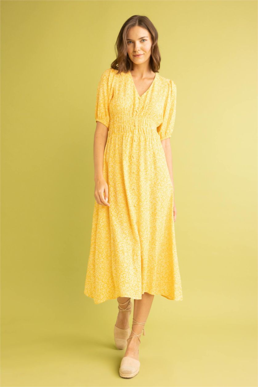 نساء أصفر فستان ميدي بأكمام بالون وياقة V