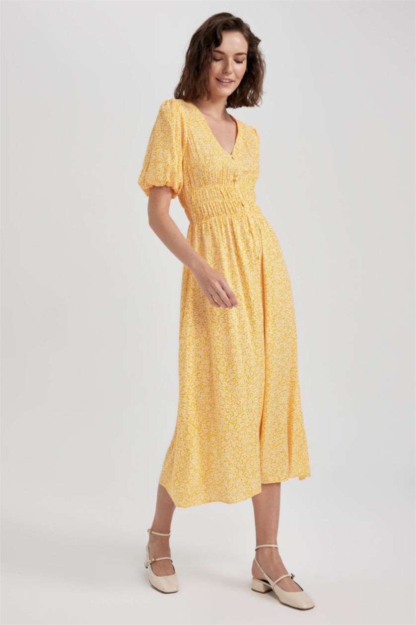نساء أصفر فستان ميدي بأكمام بالون وياقة V