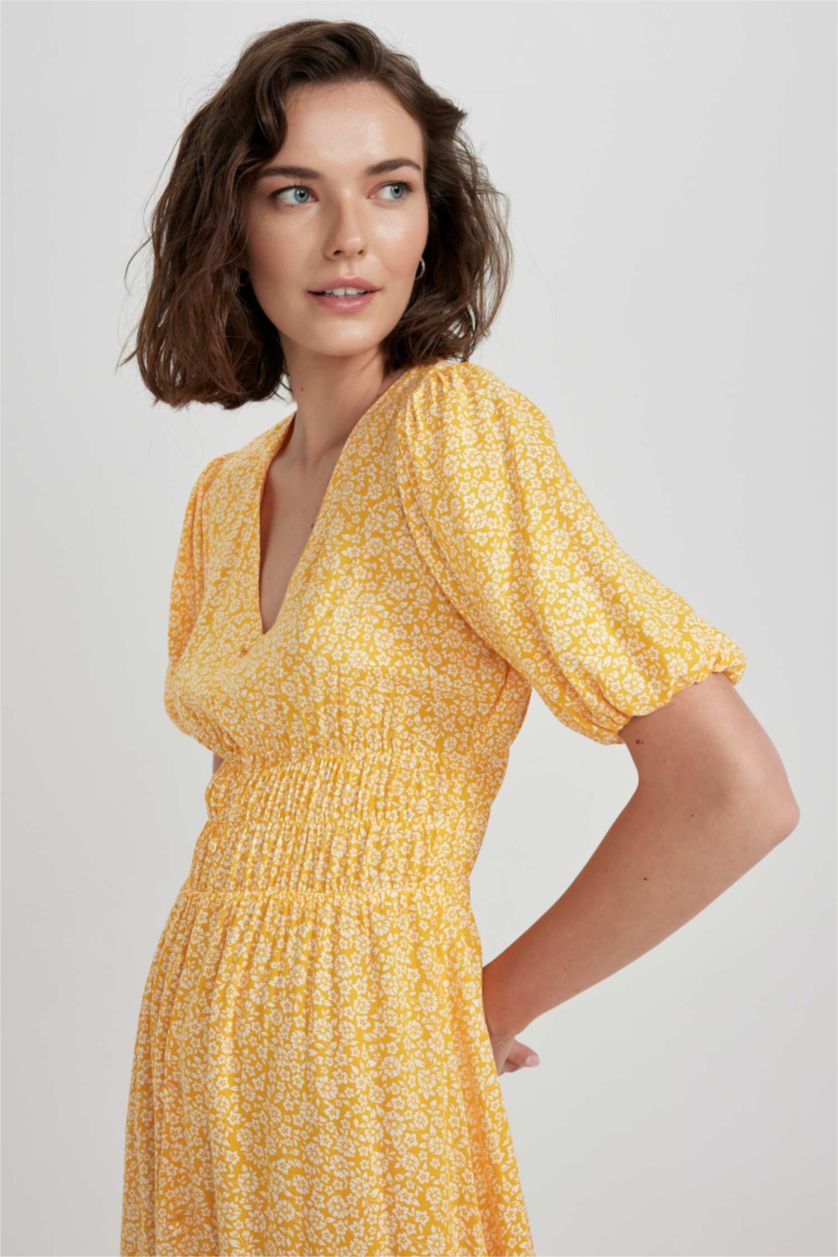 نساء أصفر فستان ميدي بأكمام بالون وياقة V