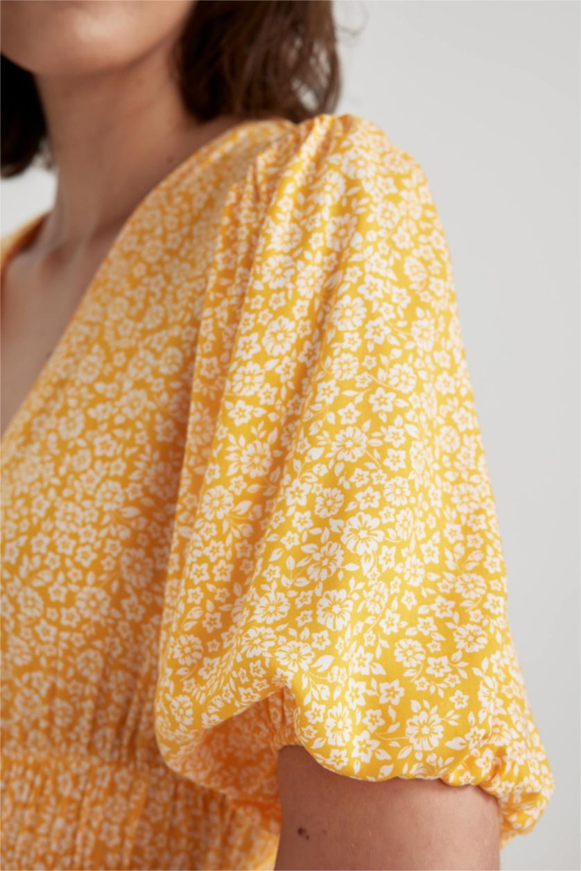 نساء أصفر فستان ميدي بأكمام بالون وياقة V