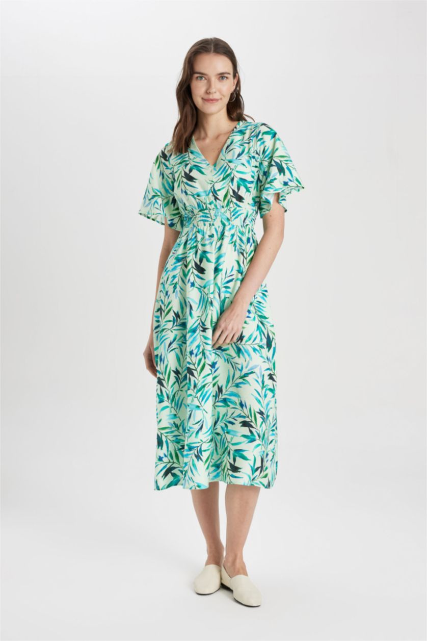 WOMAN Green V-Neck Patterned Short Sleeve Midi Viscose Dress