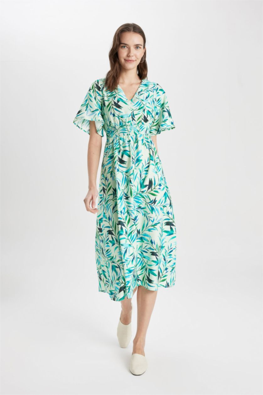 WOMAN Green V-Neck Patterned Short Sleeve Midi Viscose Dress
