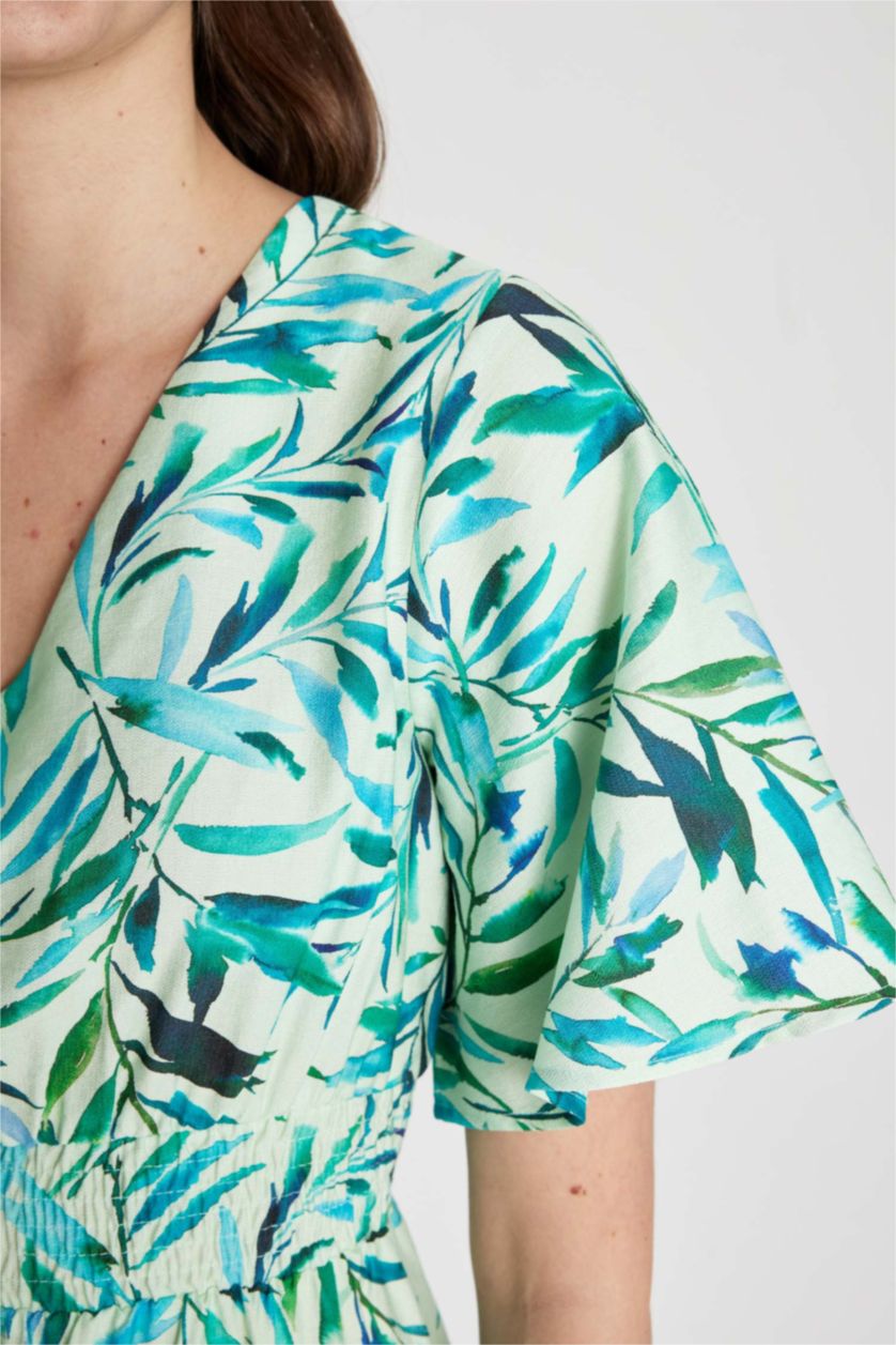 WOMAN Green V-Neck Patterned Short Sleeve Midi Viscose Dress