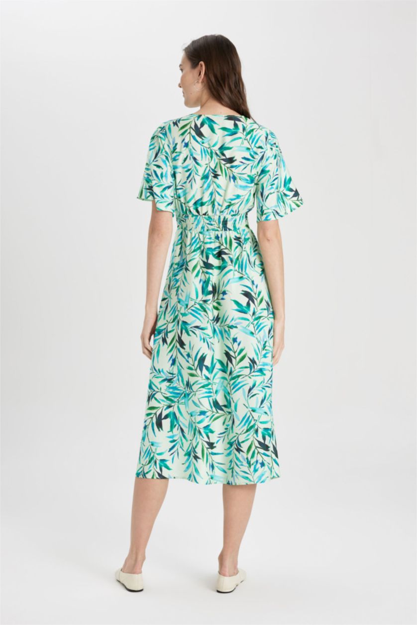 WOMAN Green V-Neck Patterned Short Sleeve Midi Viscose Dress