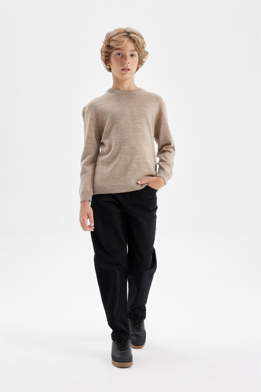 Young Boys - Teen Boys Beige Melange Boy Beige Crew Neck Knitted Basic Pullover